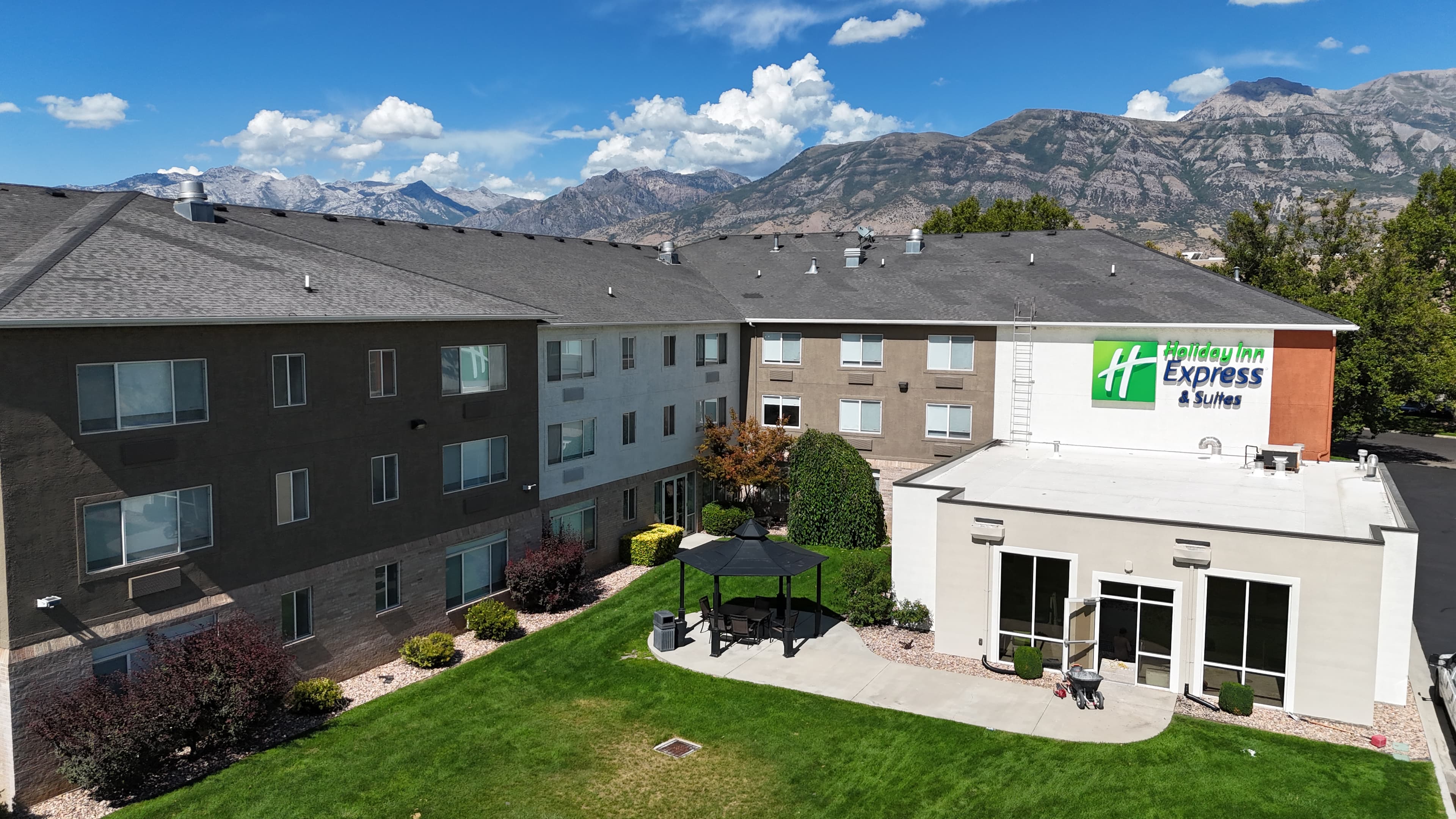 Standing seam metal roof installation, aerial view