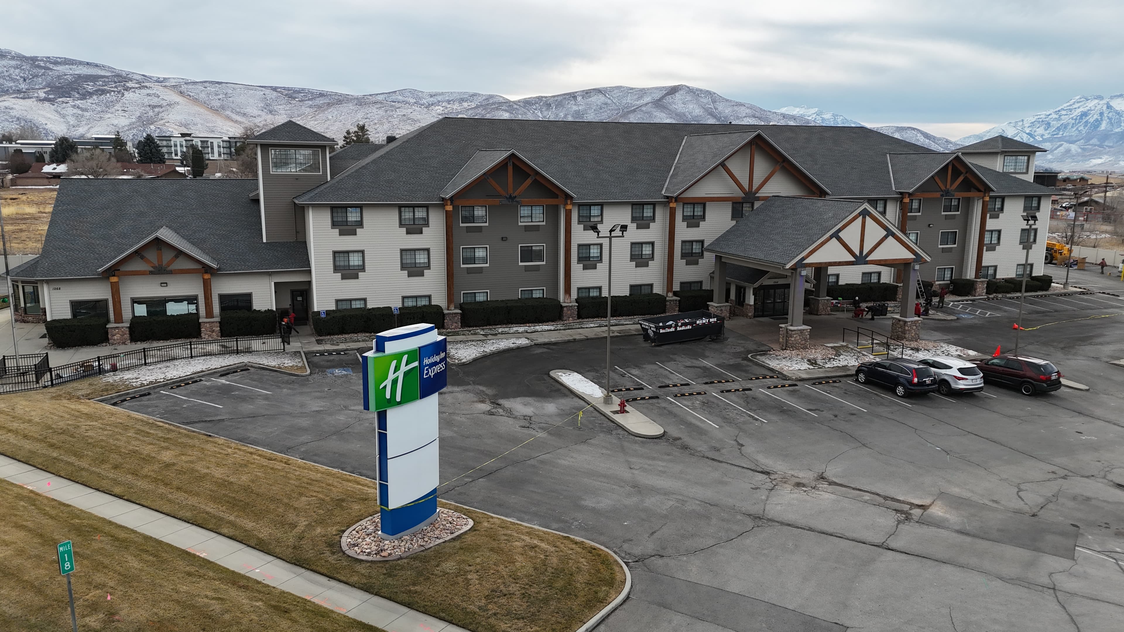 Large commercial building roof replacement from above