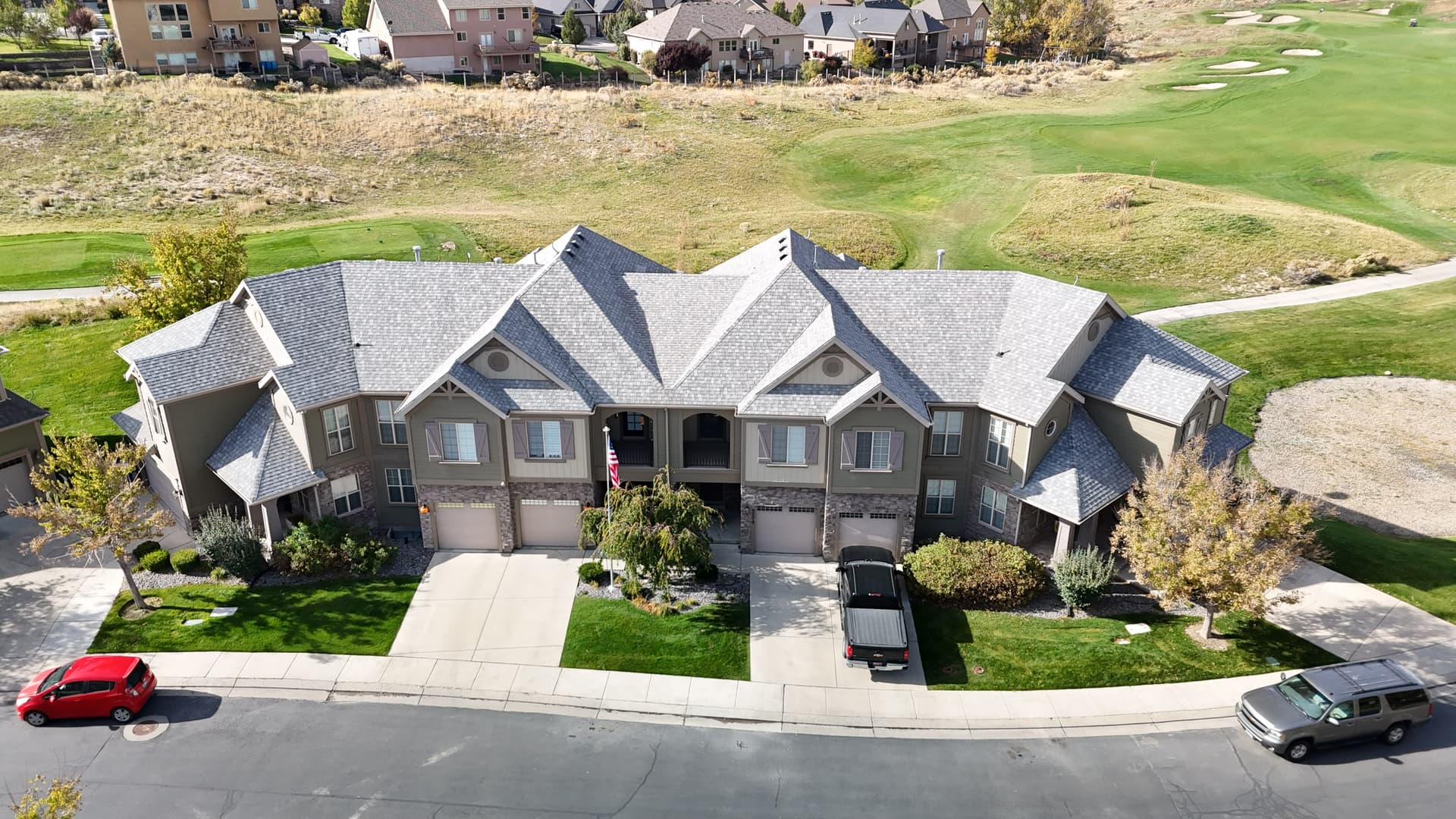 Aerial view of completed roofing project
